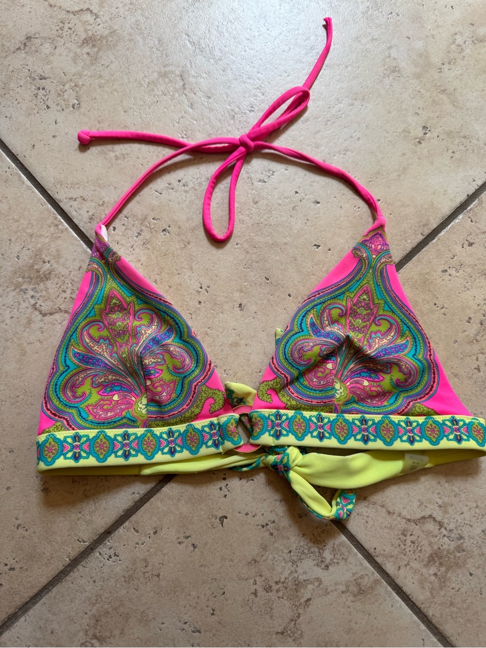 Victoria's Secret Pink and Neon Yellow/Green Paisley Triangle Bikini Top